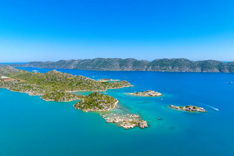 Aerial view with drone of Kalekoy, Simena, Kekova, Turkey
