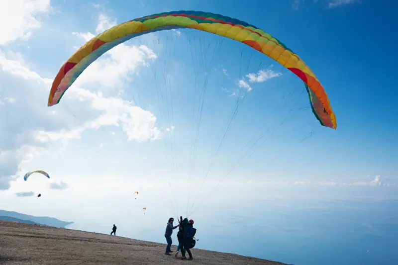 Babadag paragliding start in the air with blue sky
