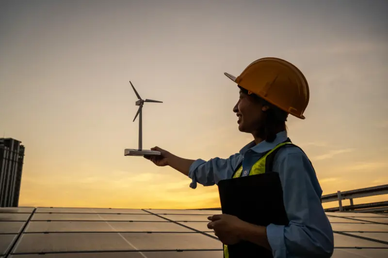 Female engineer with wind turbine model
